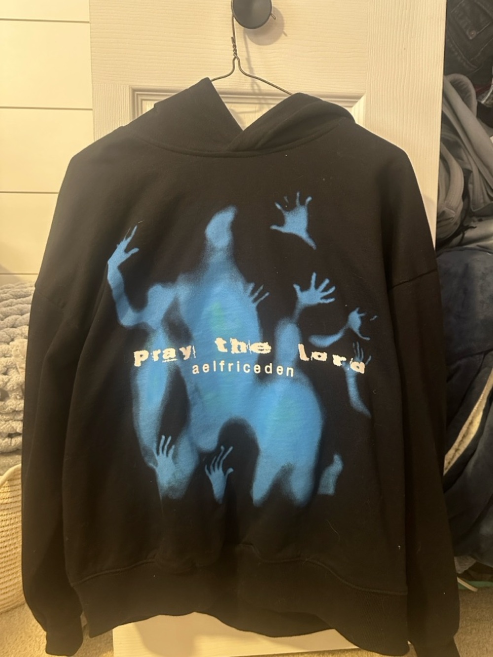 Aelfric Eden Black Hoodie with Blue, Pray the Lord Graphic